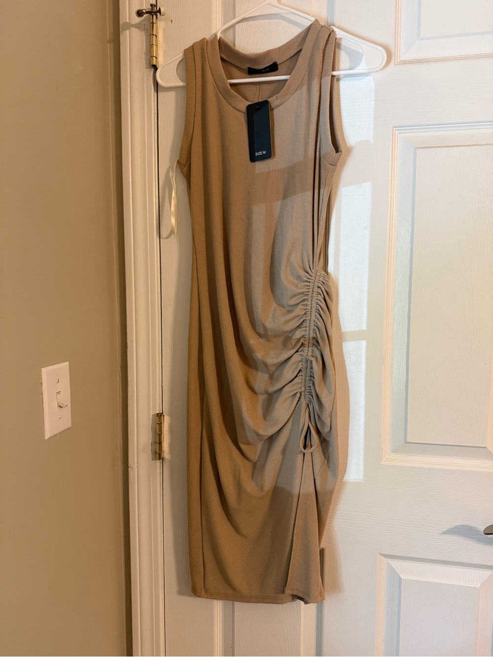 Sleeveless Ruched Side Midi Dress in Taupe